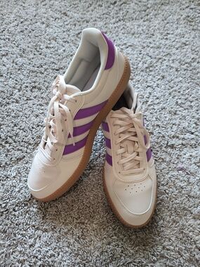 adidas Women's Tan Sneakers with Purple Stripes and Gum Sole